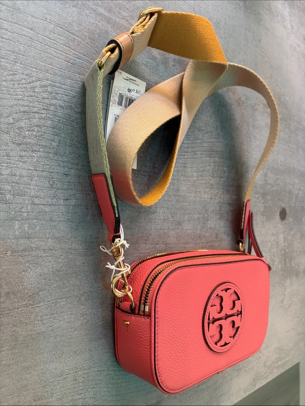 Tory Burch Coral Pebbled Leather Miller Mini Crossbody bag purse w/ Yellow Strap